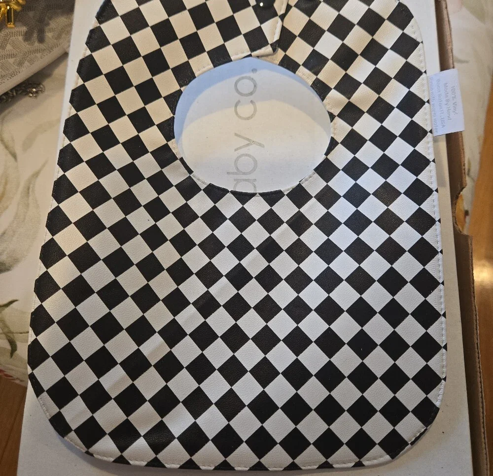 Leather  White Baby Bib with Black Harlequin Teapot Applique With Gift Box